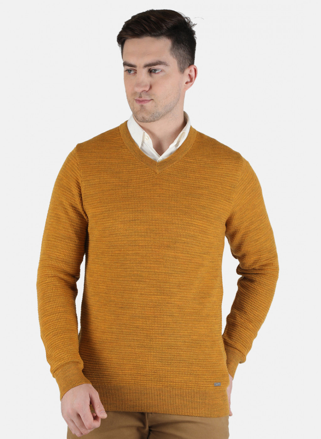 Men Yellow Self Design Pullover