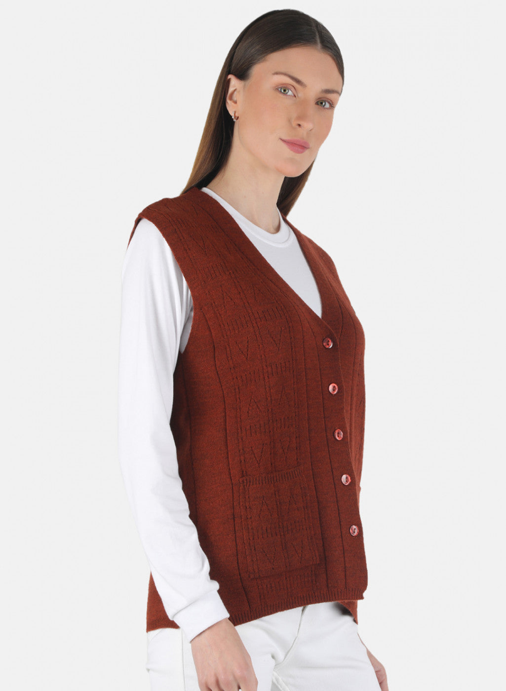 Women Brown Self Design Cardigan