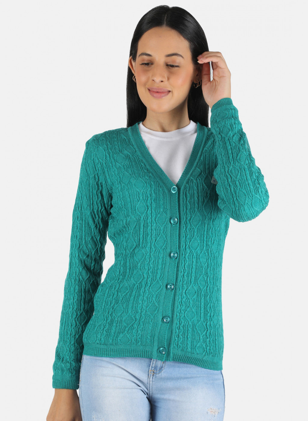 Women Green Self Design Cardigan