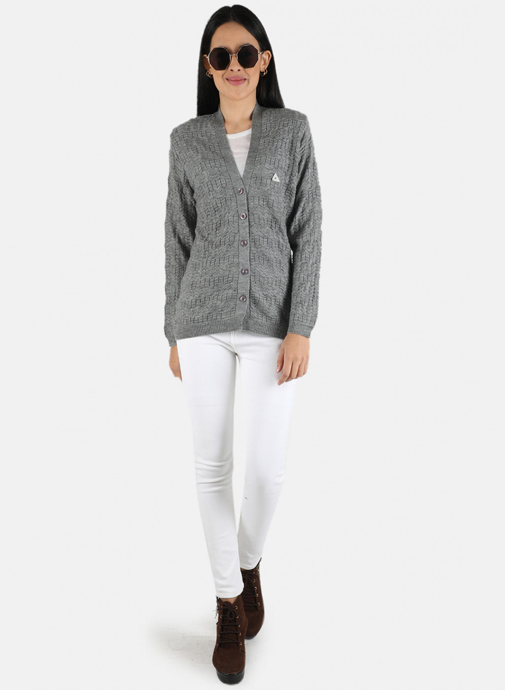 Women Grey Self Design Cardigan
