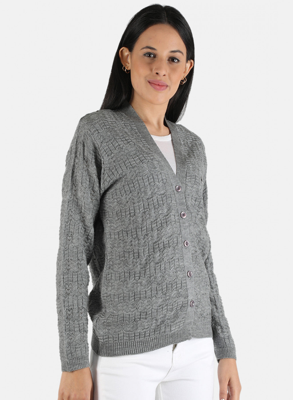 Women Grey Self Design Cardigan