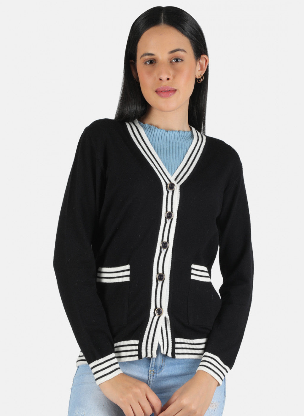 Women Black Self Design Cardigan