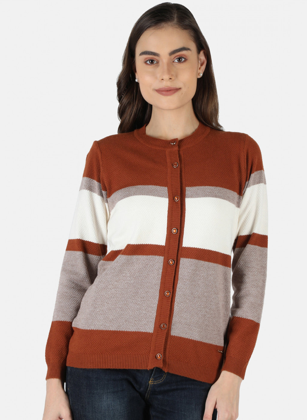 Women Orange Self Design Cardigan