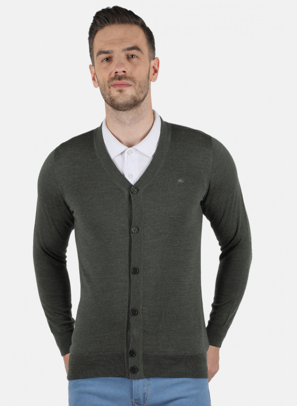 Men Olive Solid Cardigan
