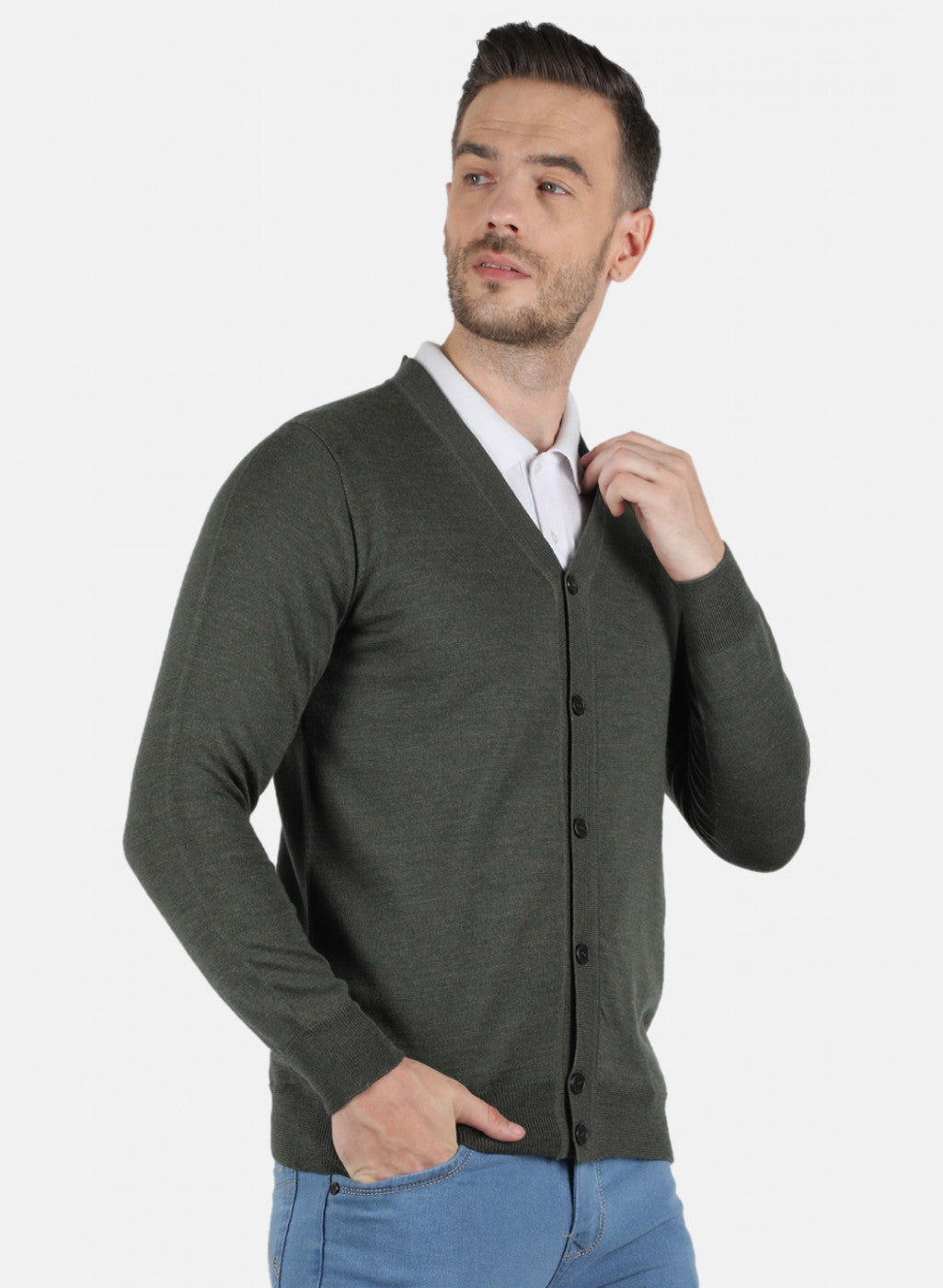 Men Olive Solid Cardigan