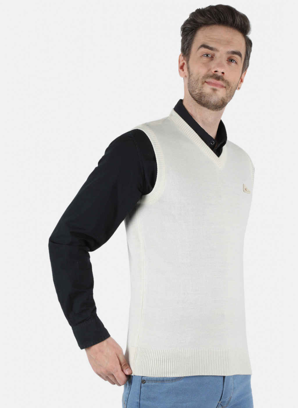 Men Off White Solid Sweater