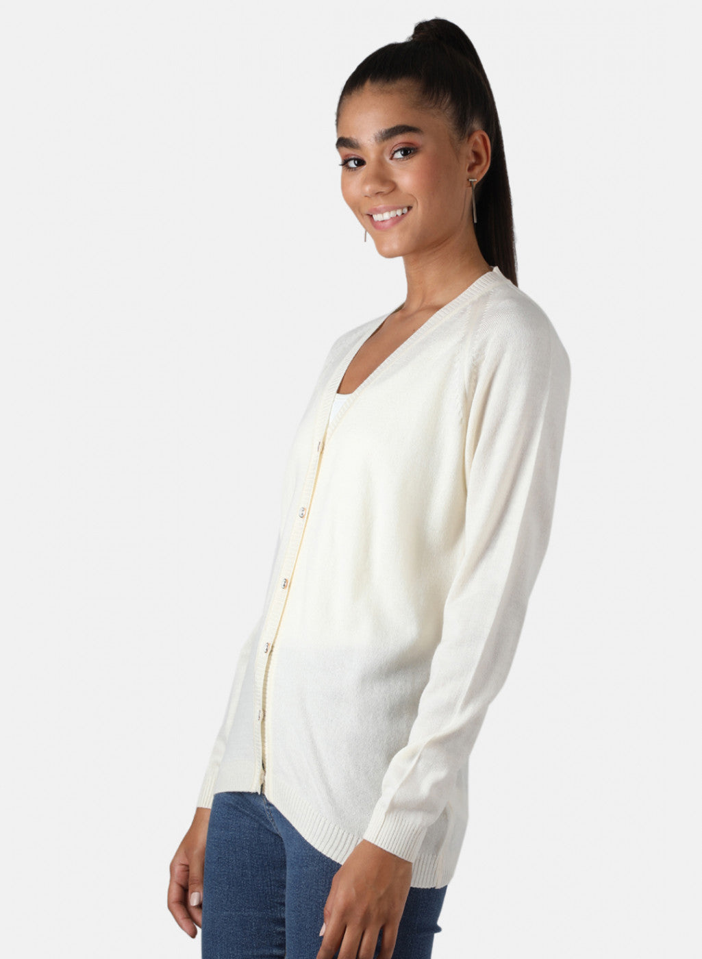 Women Off White Solid Cardigan