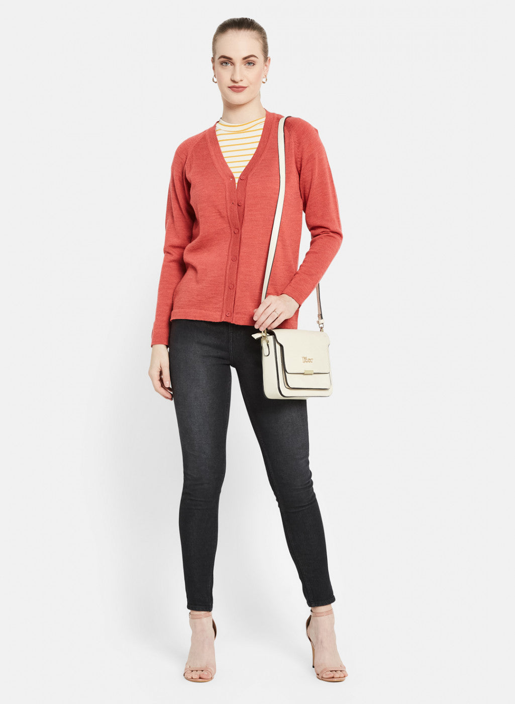 Women Light Red Solid Cardigan