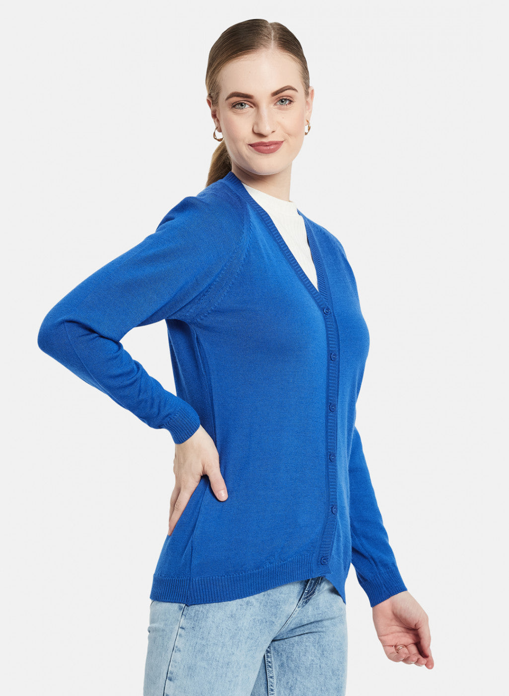 Women Blue Solid Cardigan