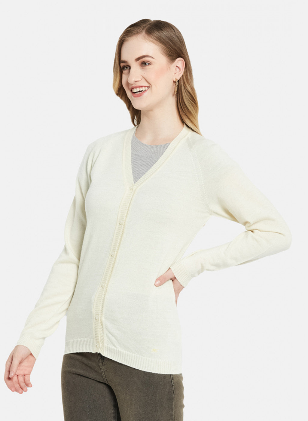 Women Off White Solid Cardigan