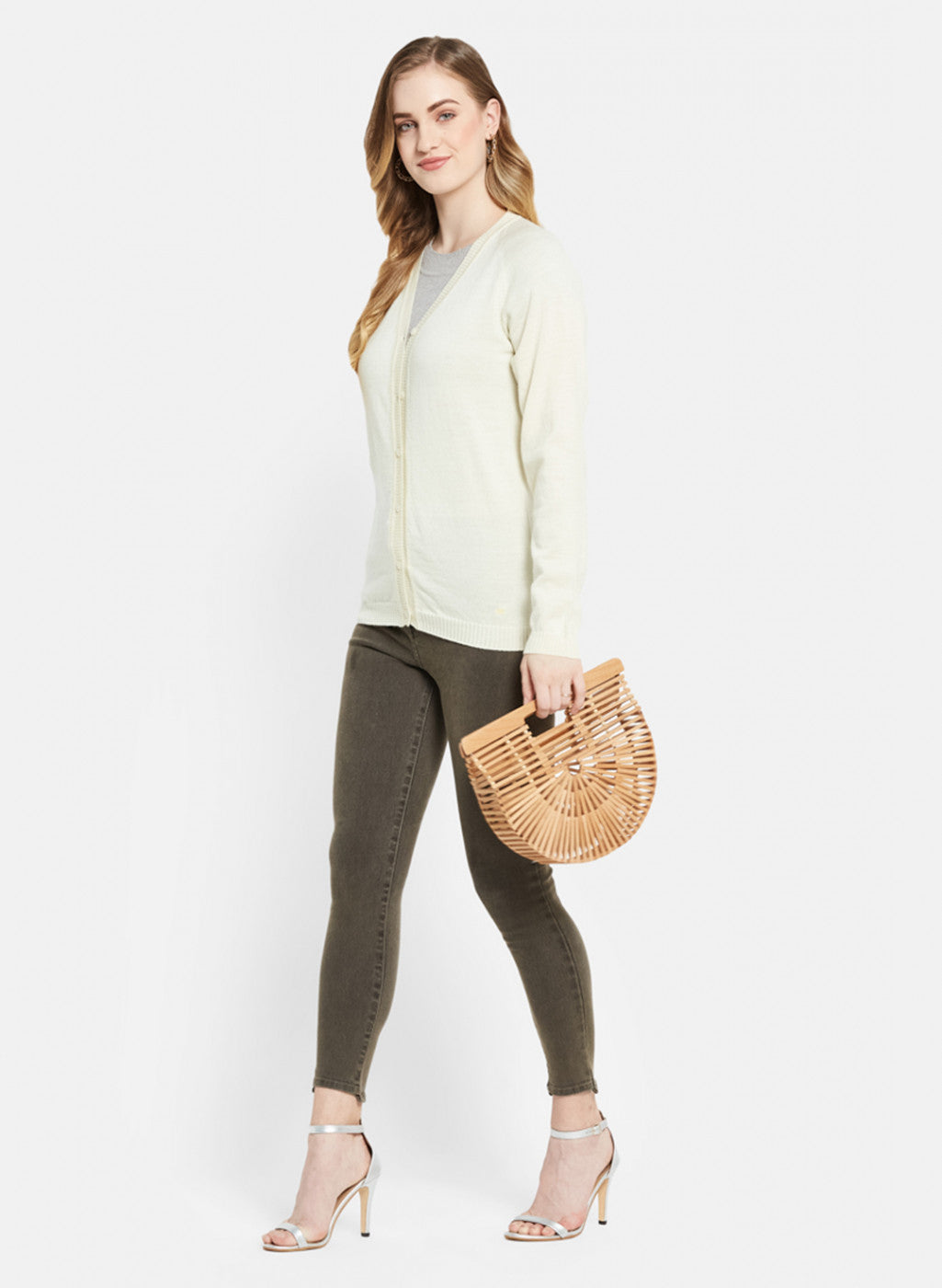 Women Off White Solid Cardigan