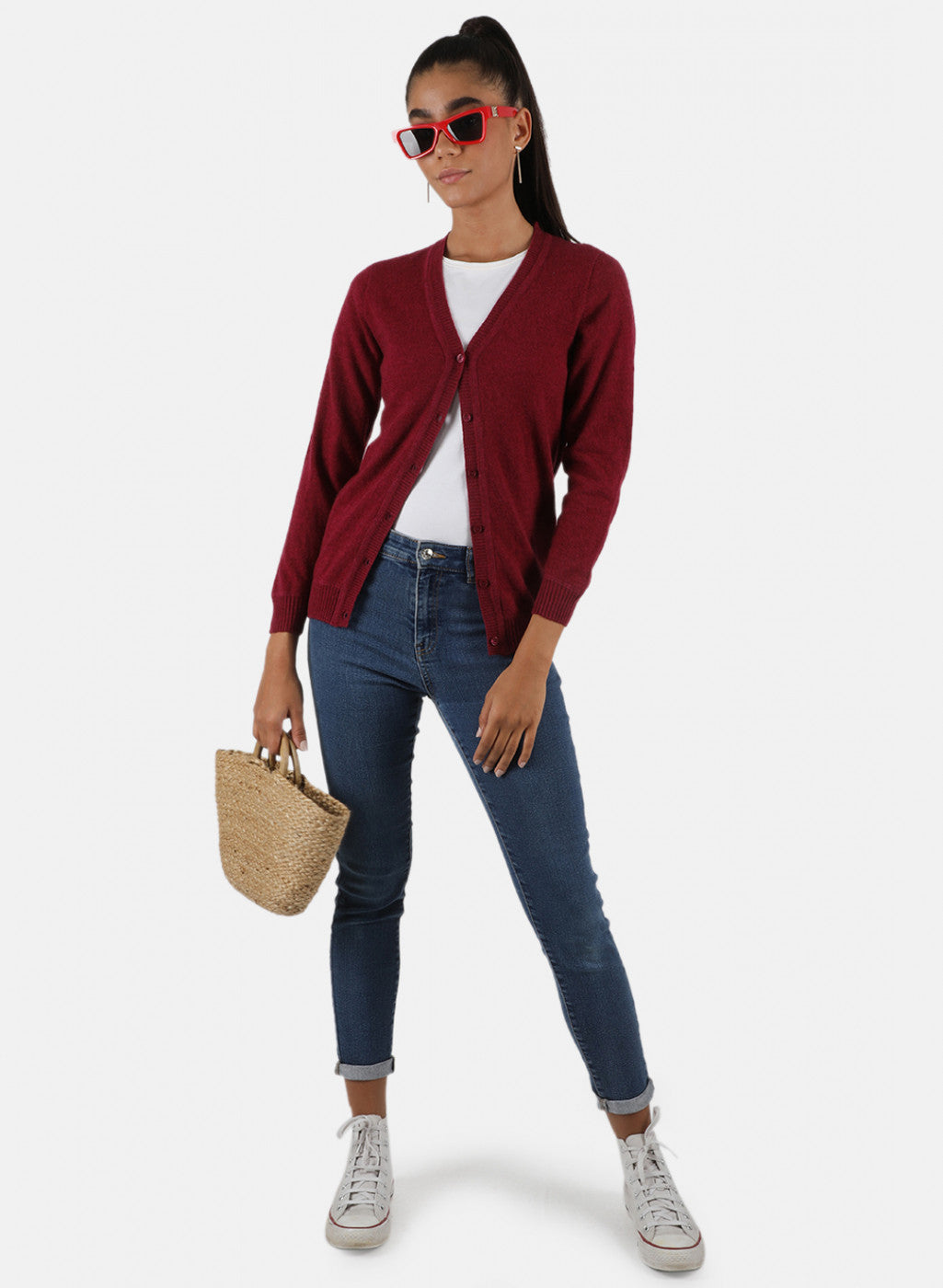 Women Red Solid Cardigan