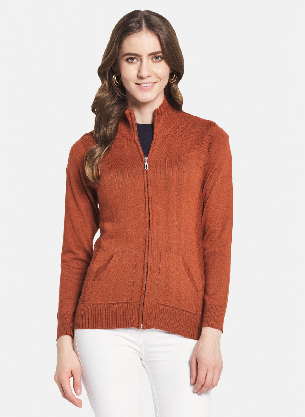 Women Rust Orange Solid Cardigan