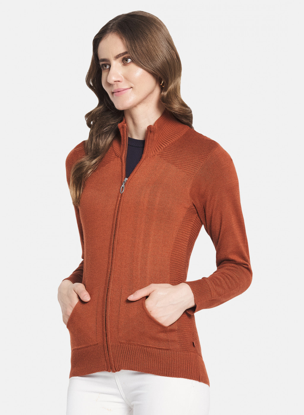 Women Rust Orange Solid Cardigan