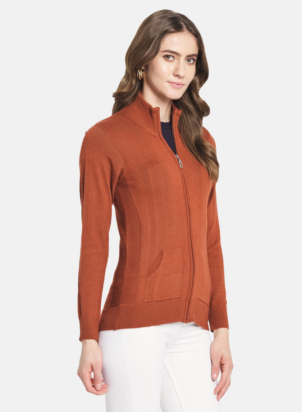 Women Rust Orange Solid Cardigan