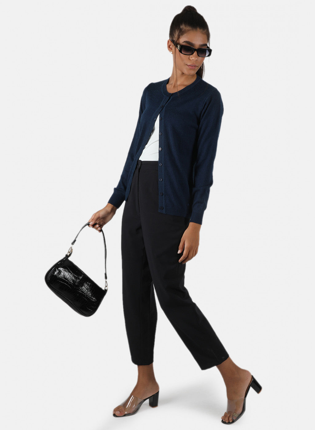 Women Navy Blue Solid Cardigan