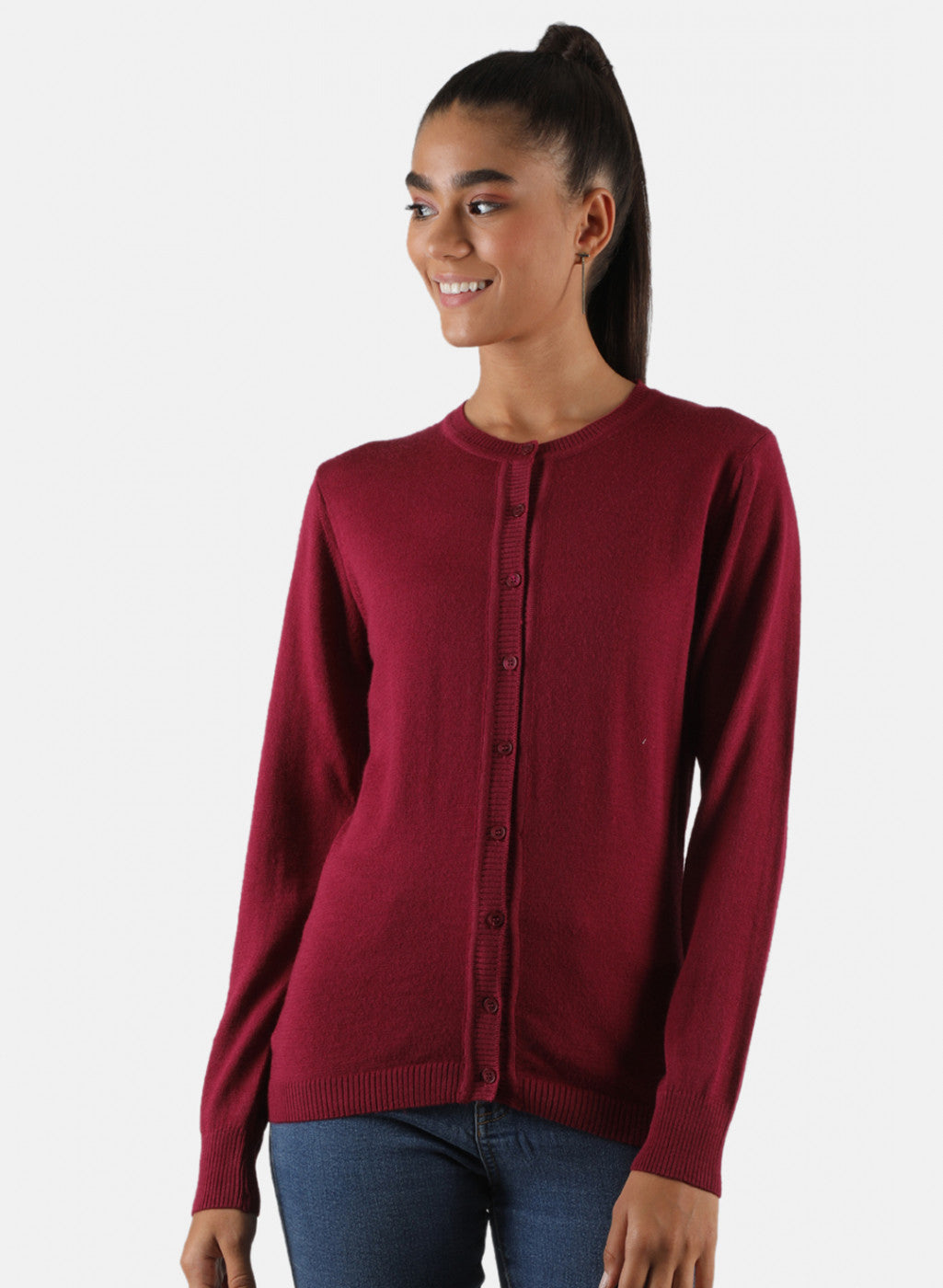 Women Maroon Solid Cardigan