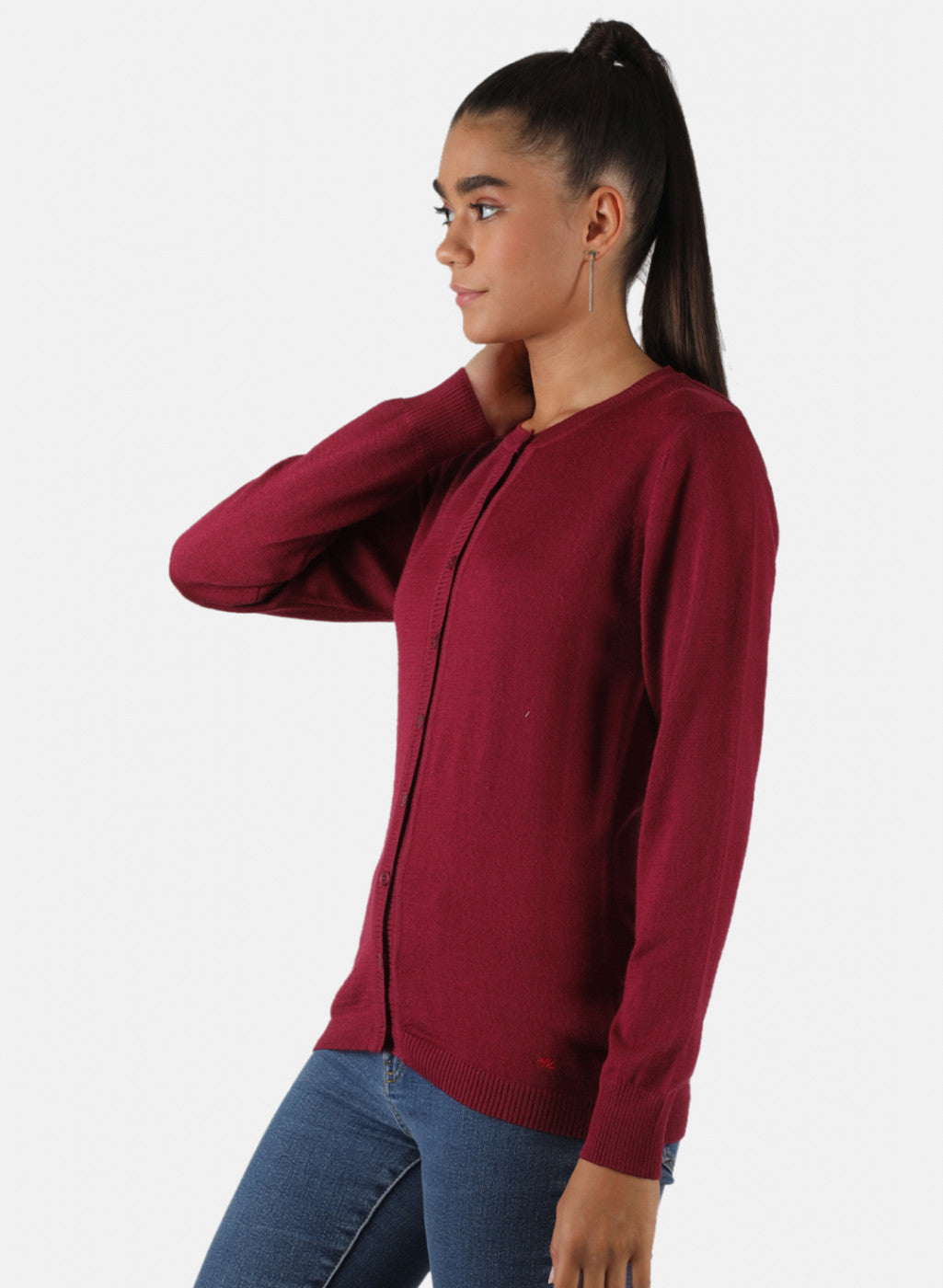 Women Maroon Solid Cardigan