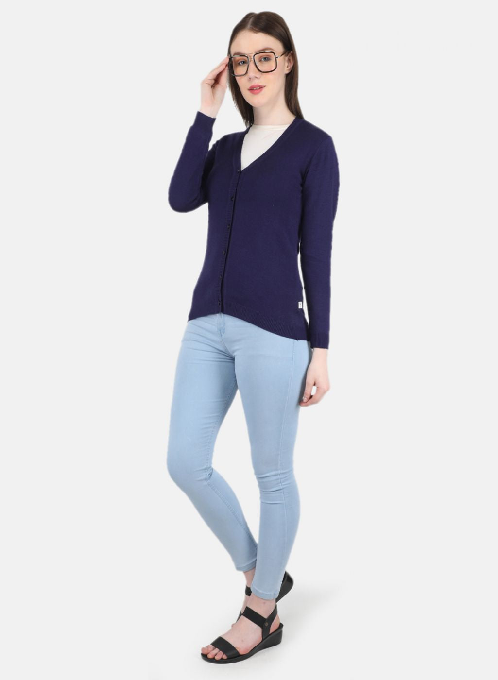 Women Blue Self Design Cardigan