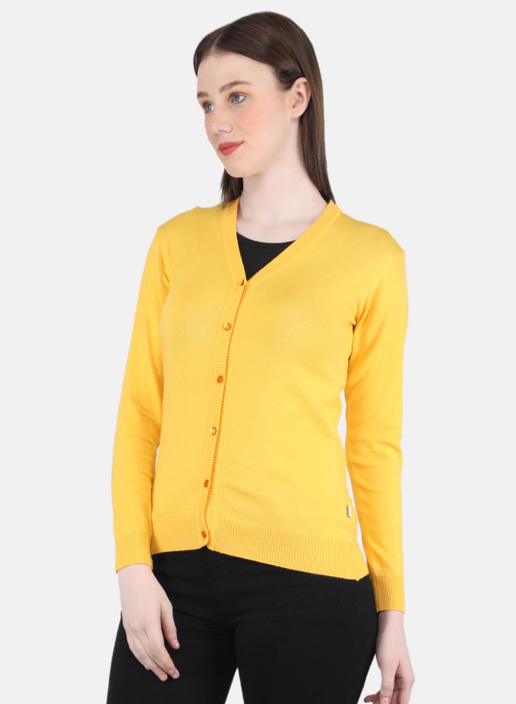 Women Yellow Self Design Cardigan