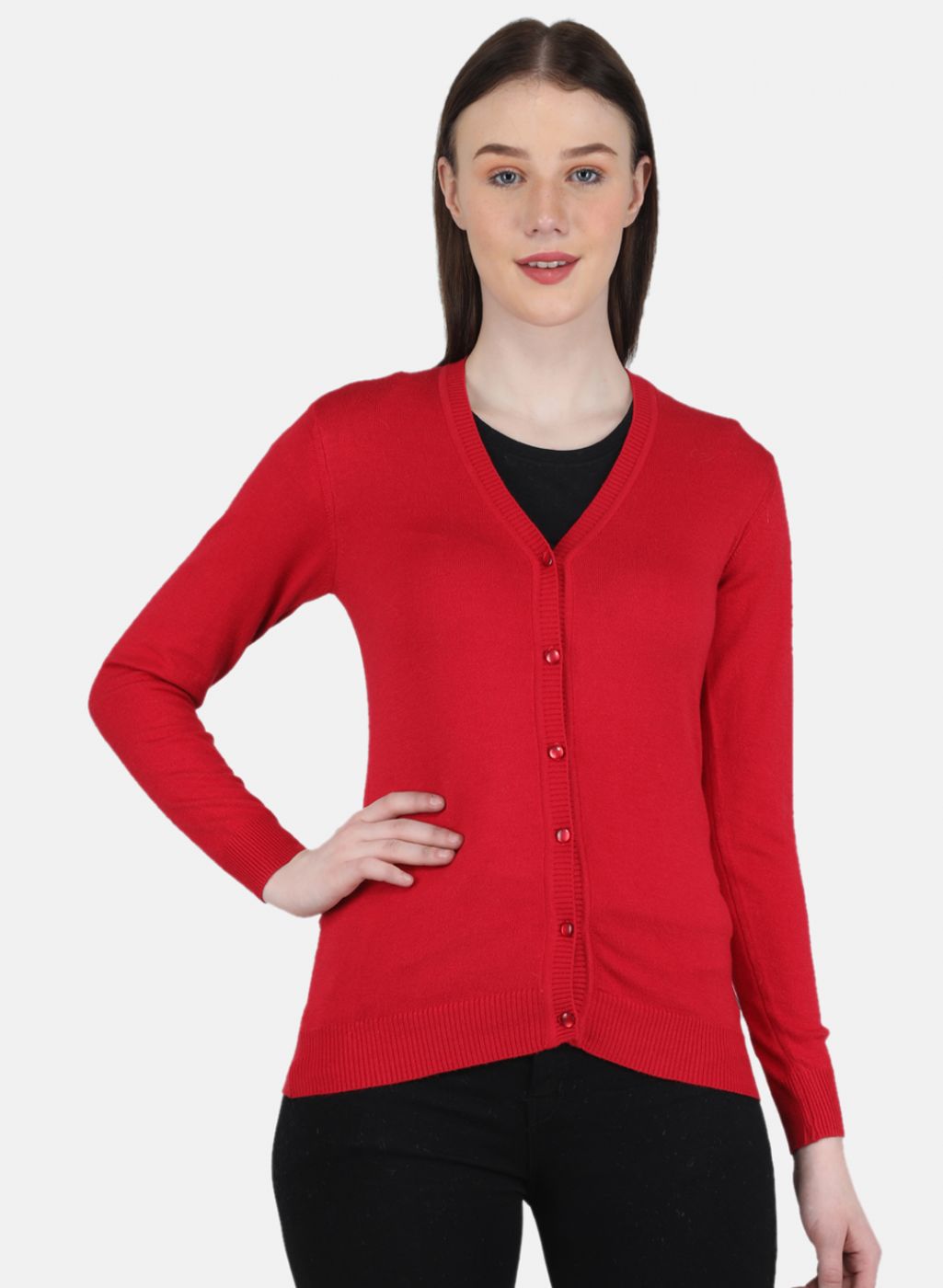 Women Red Self Design Cardigan