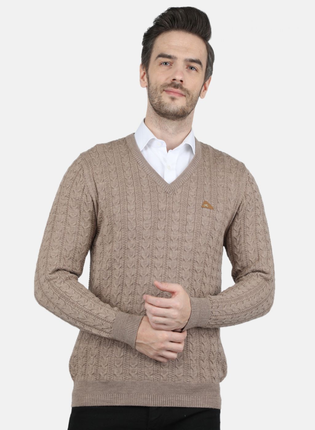 Men Beige Self Design Pullover