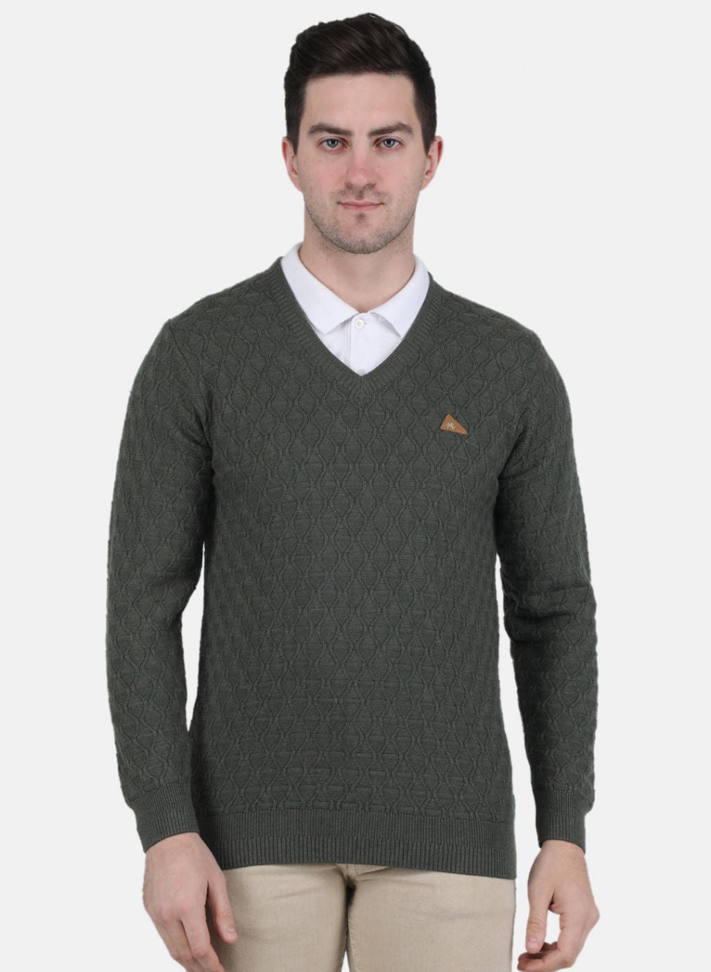 Men Olive Self Design Pullover