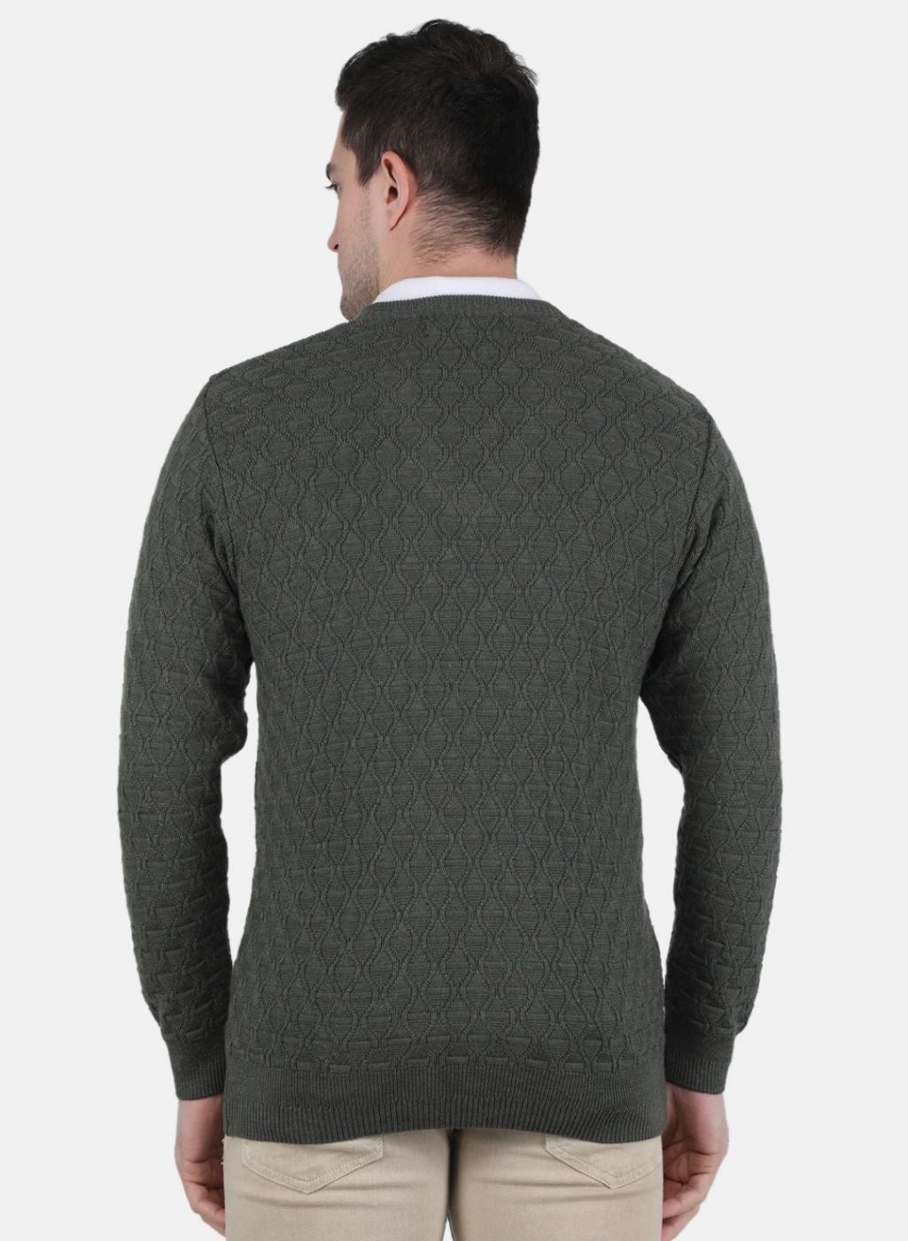 Men Olive Self Design Pullover