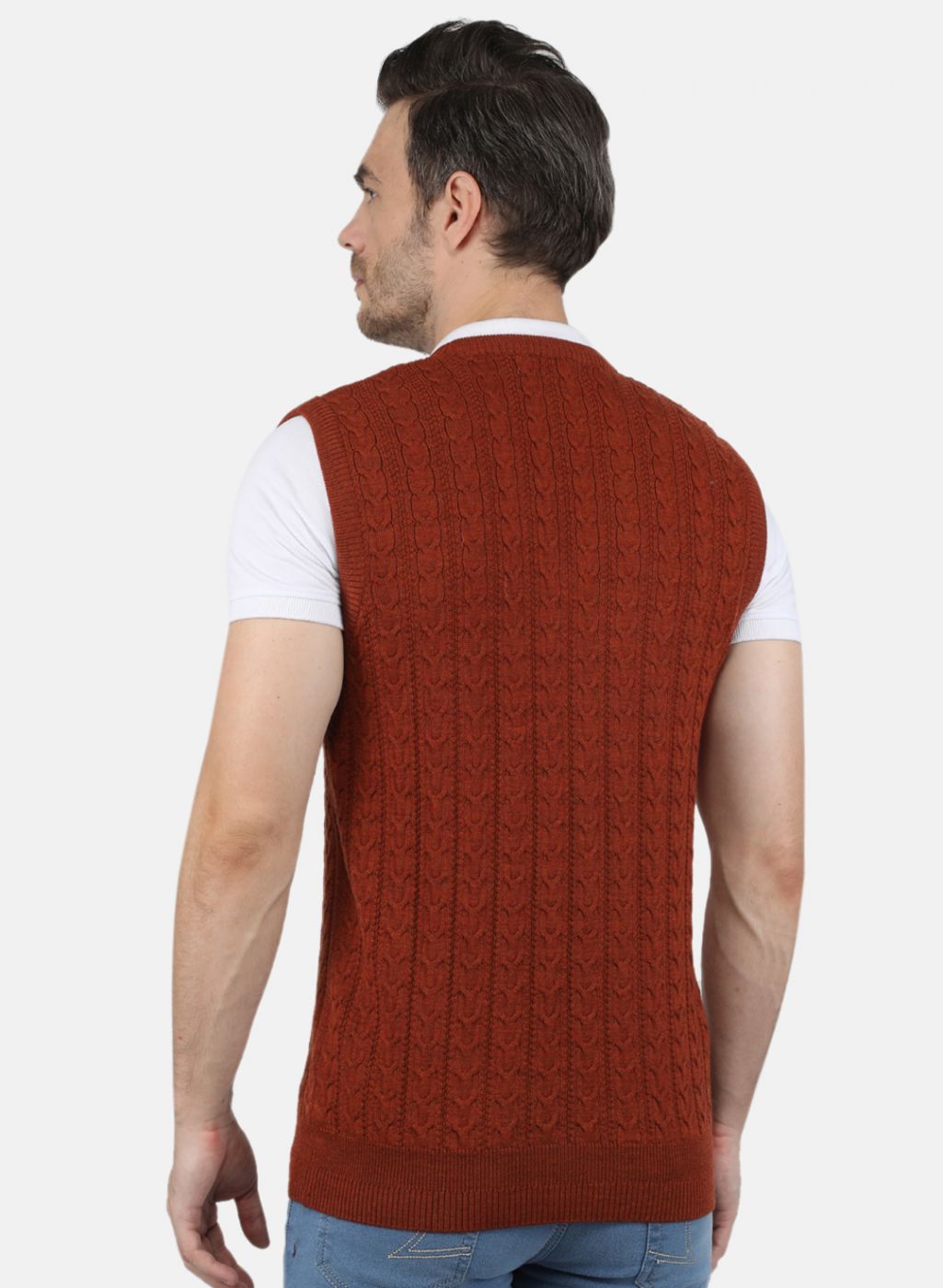 Men Orange Self Design Sweater