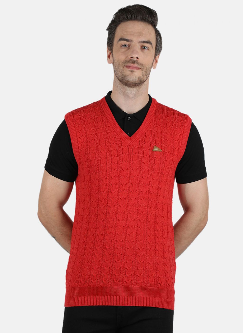 Men Red Self Design Sweater