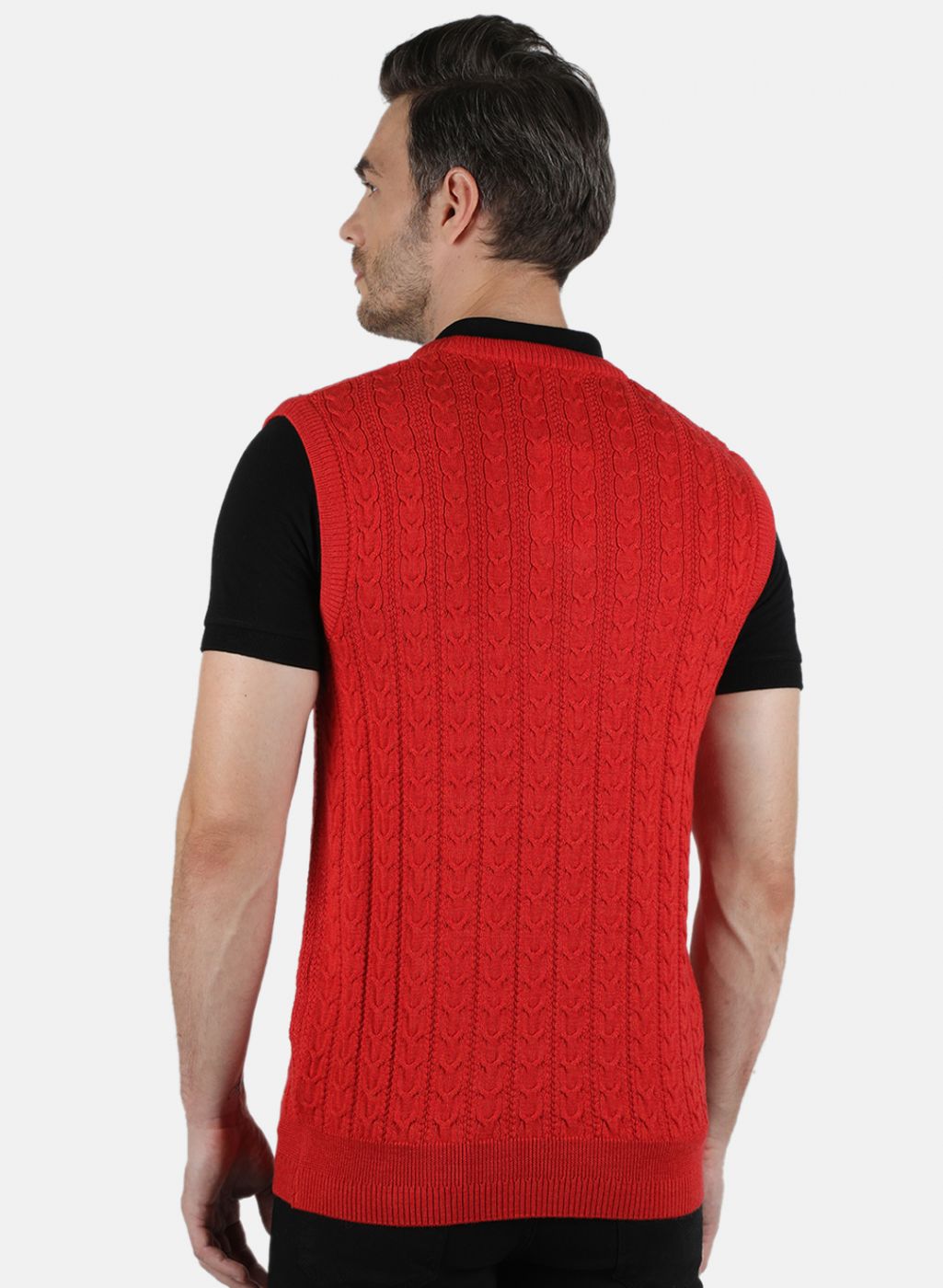Men Red Self Design Sweater