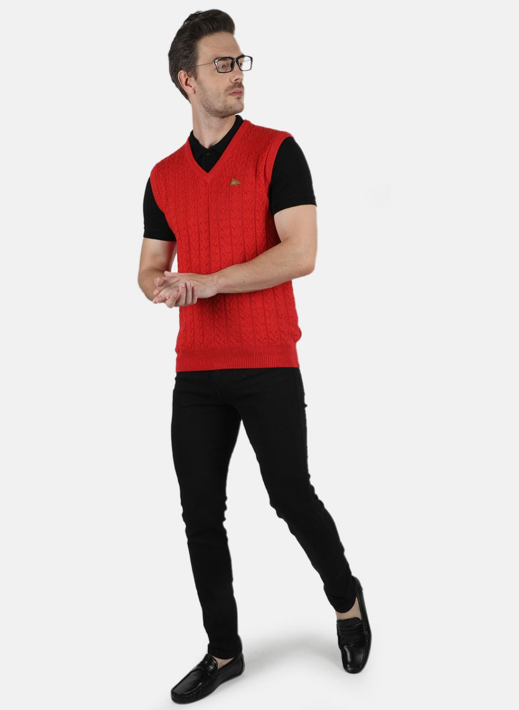 Men Red Self Design Sweater