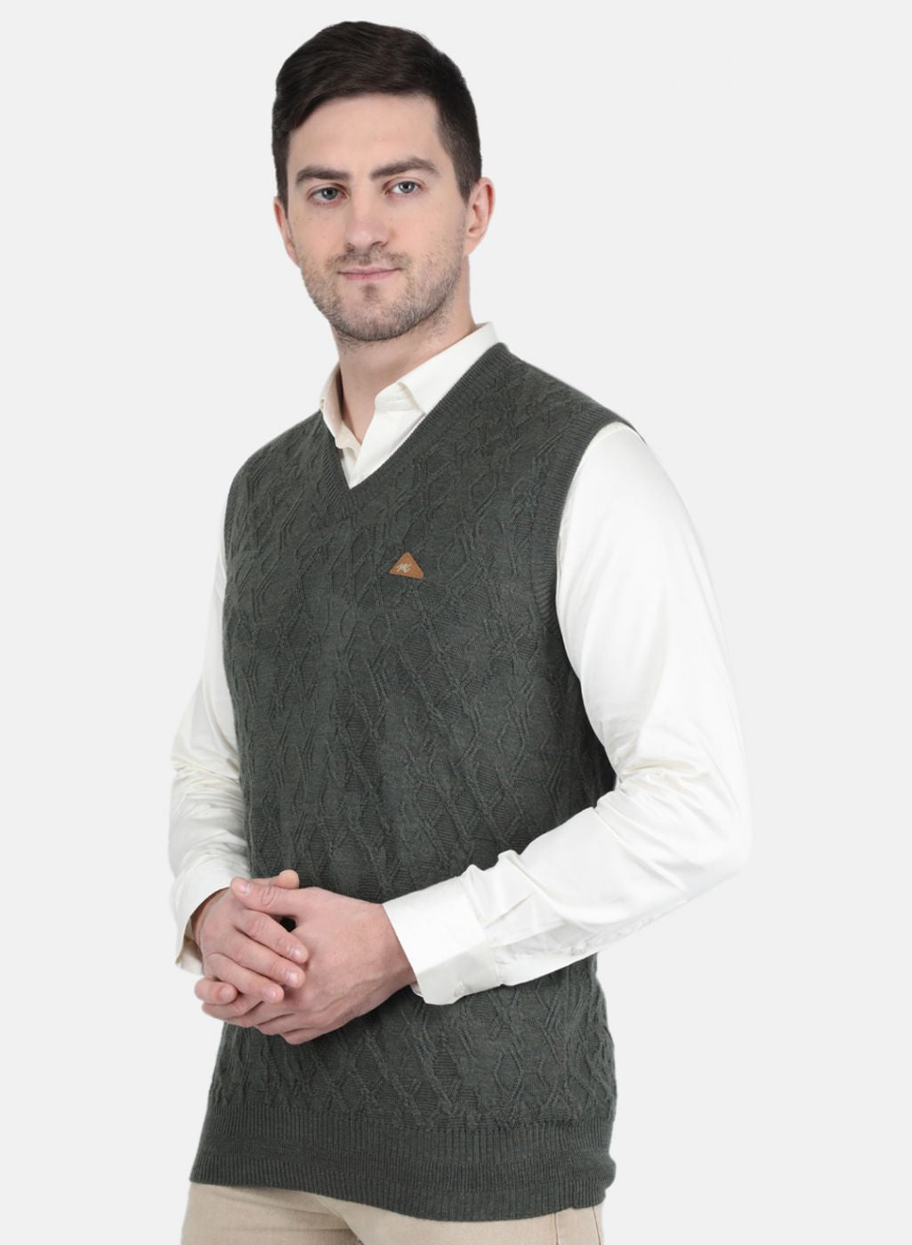 Men Olive Self Design Sweater