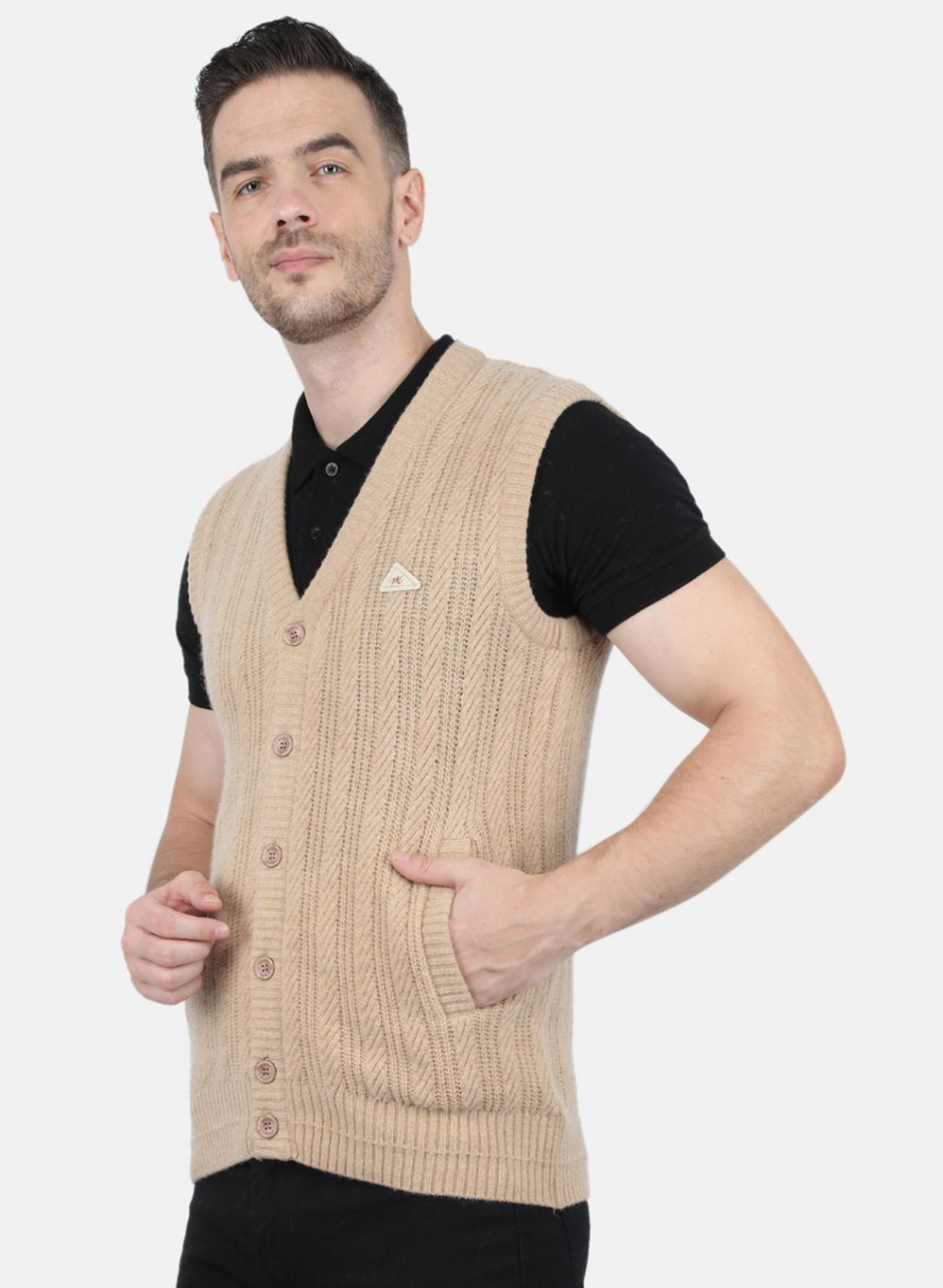 Men Beige Self Design Cardigan