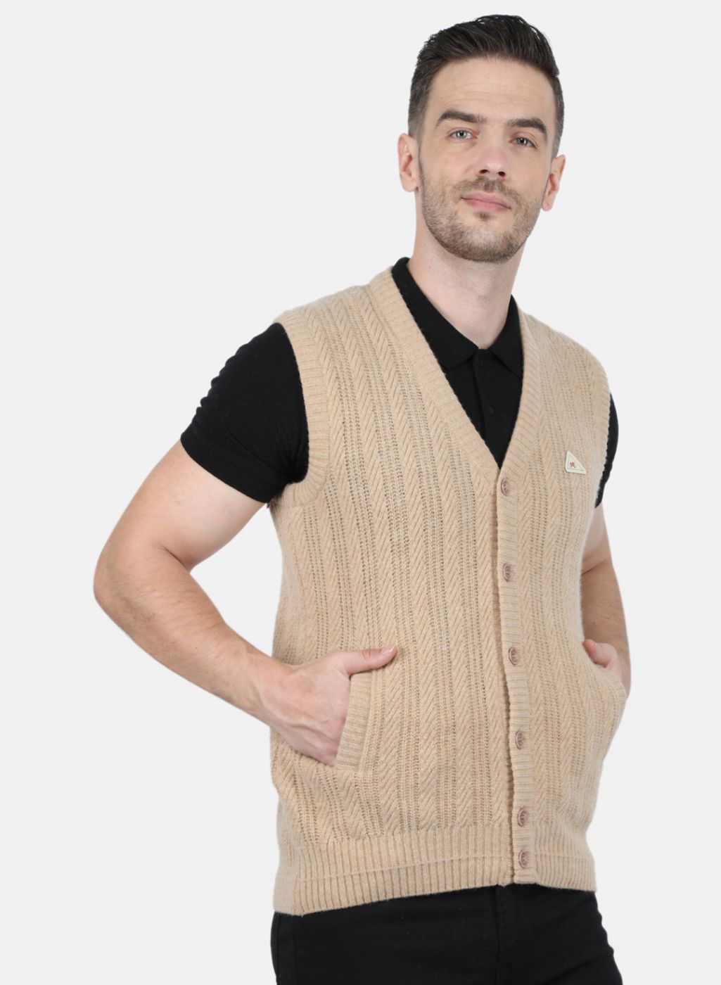Men Beige Self Design Cardigan