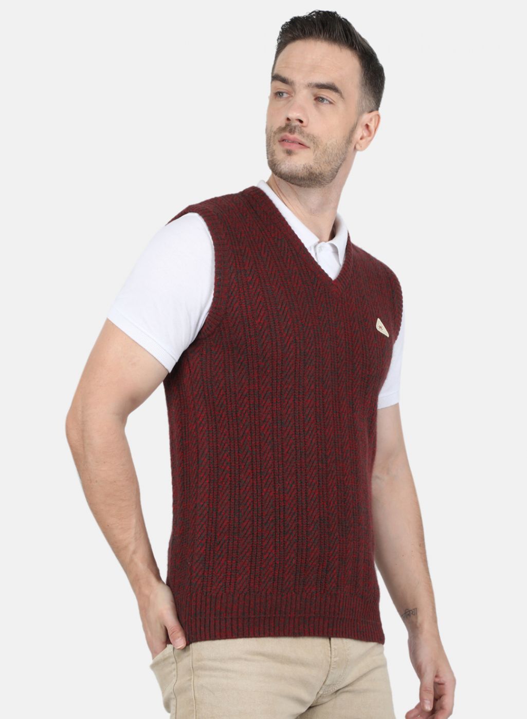 Men Maroon Self Design Sweater