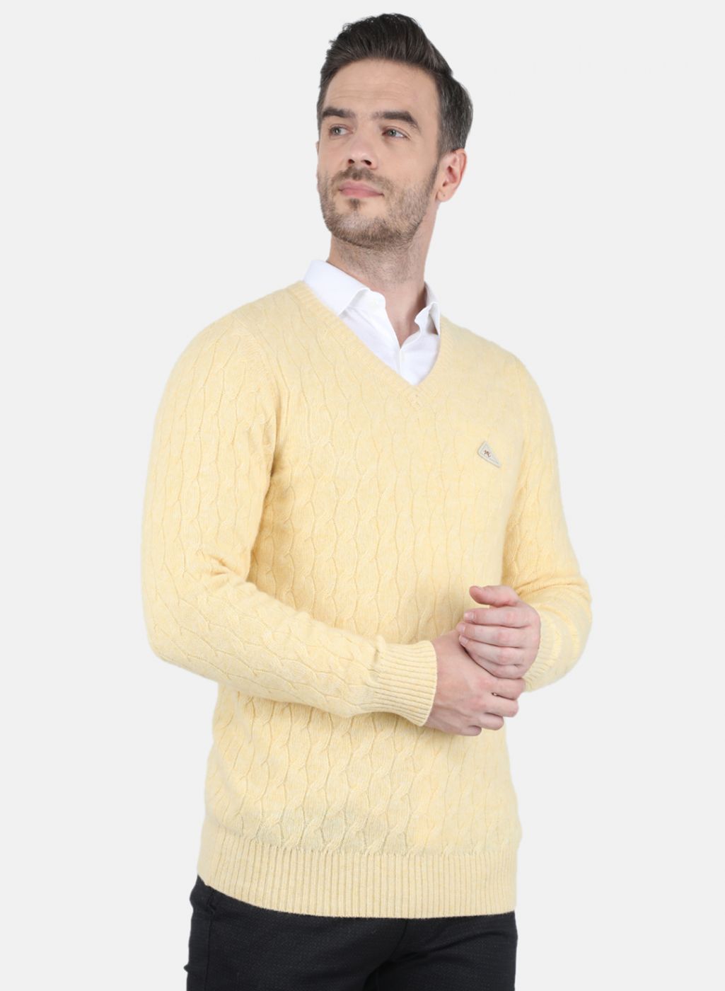 Men Beige Self Design Pullover