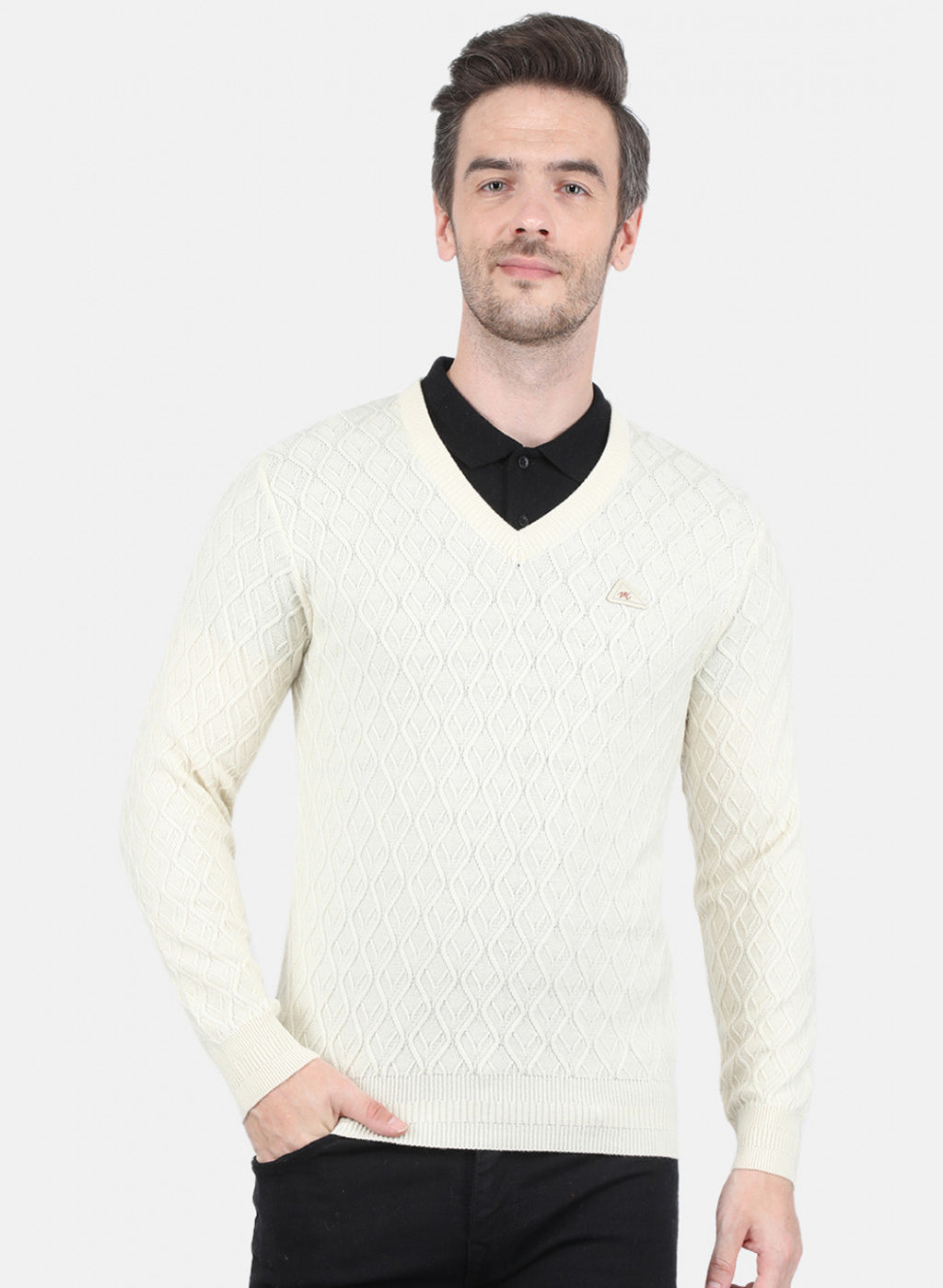 Men Off White Self Design Pullover