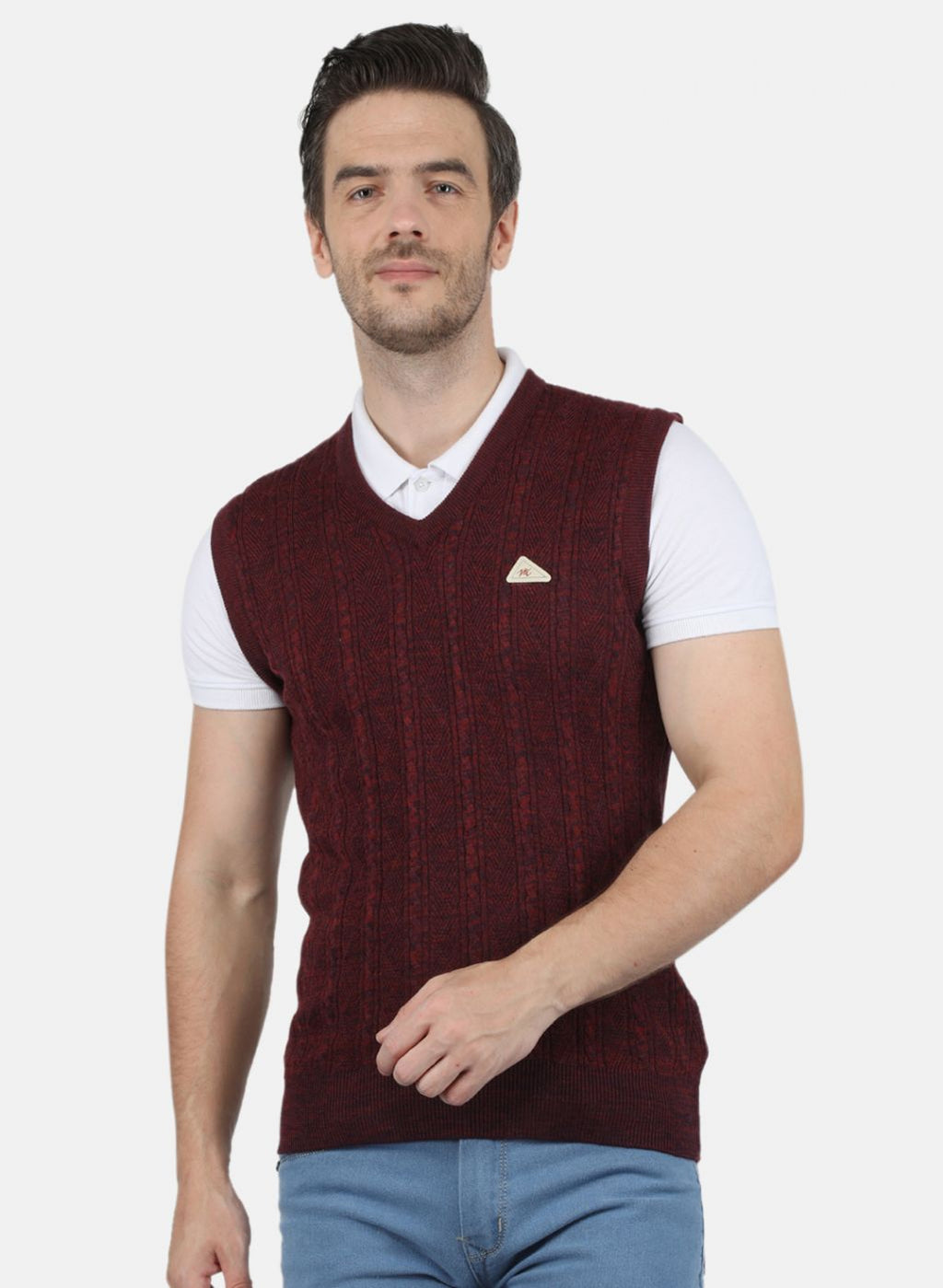 Men Maroon Self Design Sweater