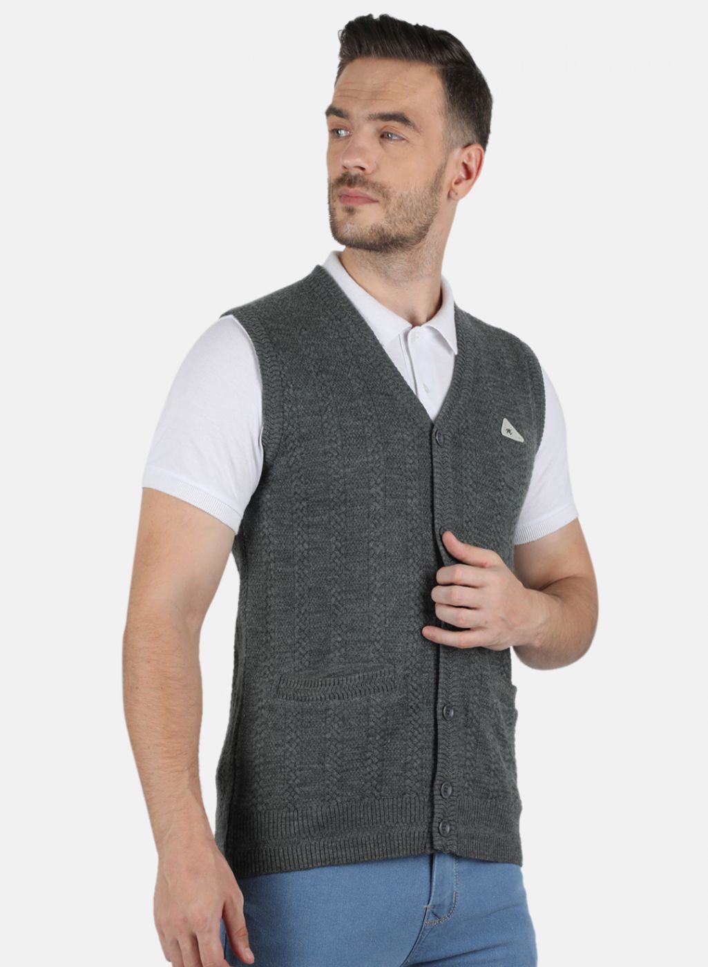 Men Grey Self Design Cardigan