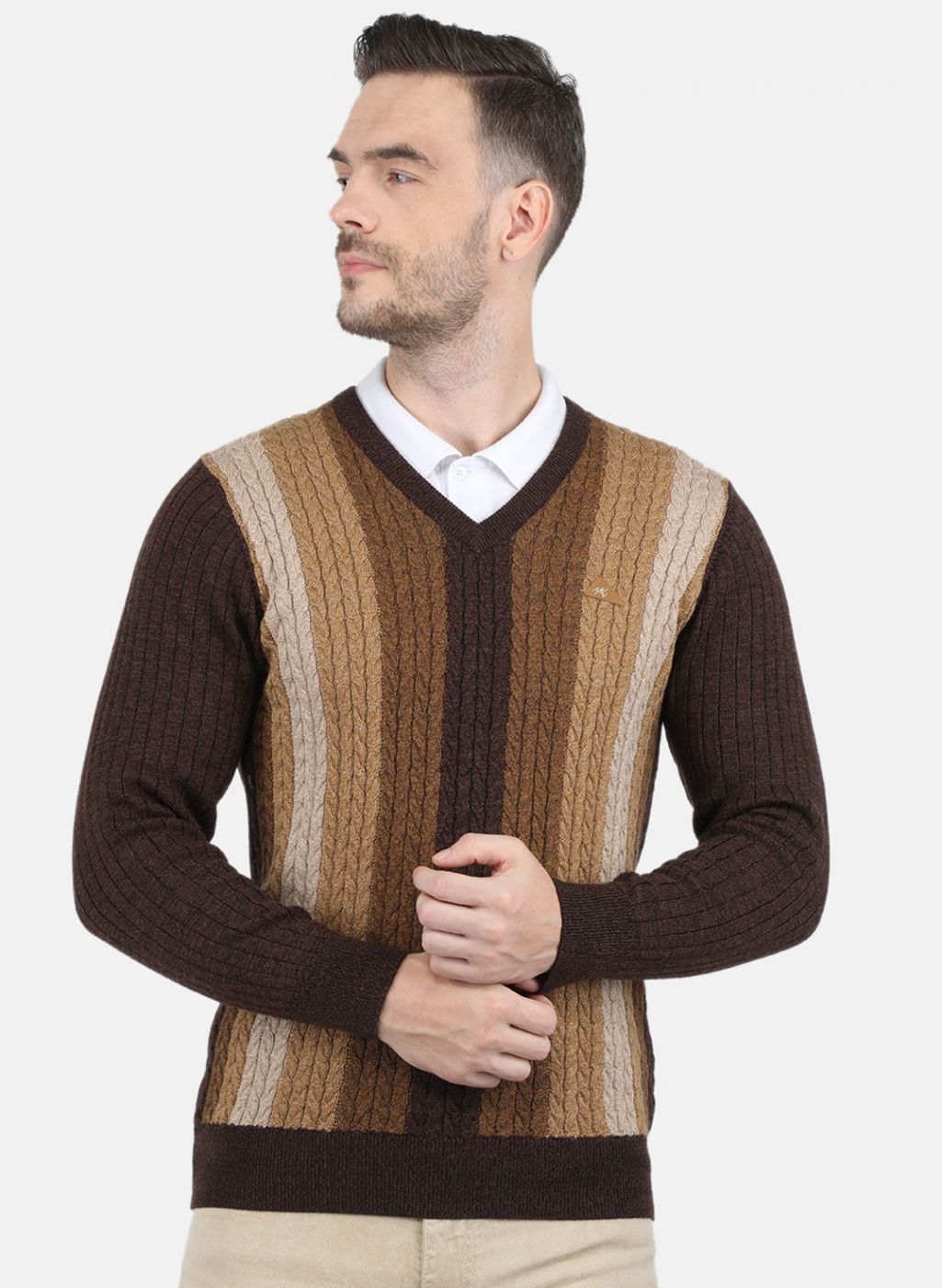 Men Brown Self Design Pullover