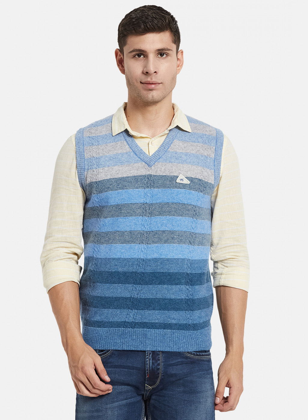 Men Sky Blue Self Design Sweater