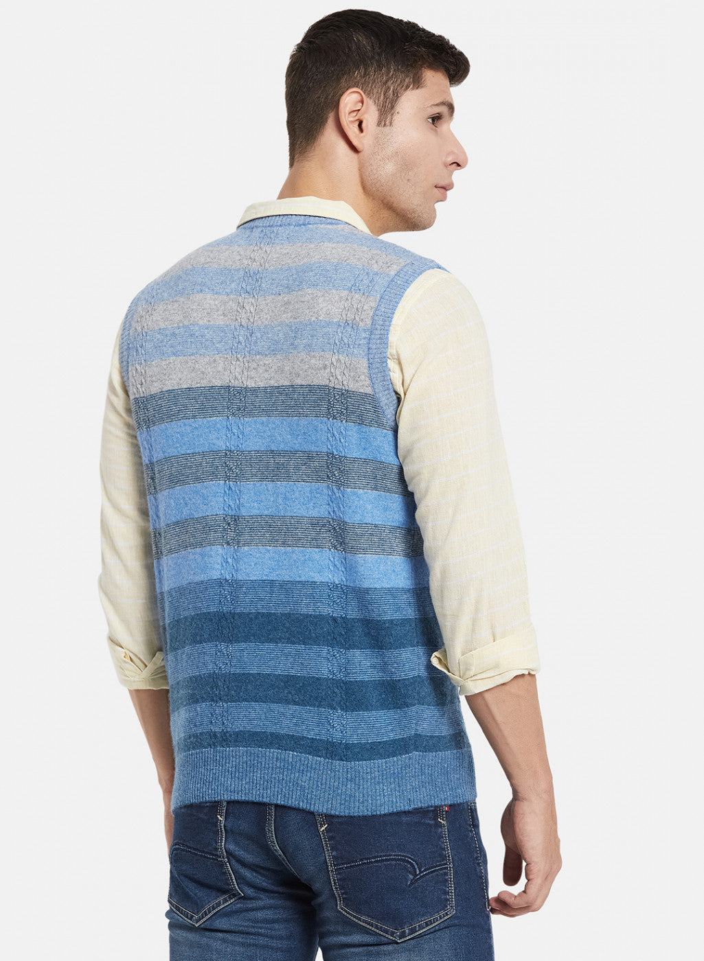 Men Sky Blue Self Design Sweater
