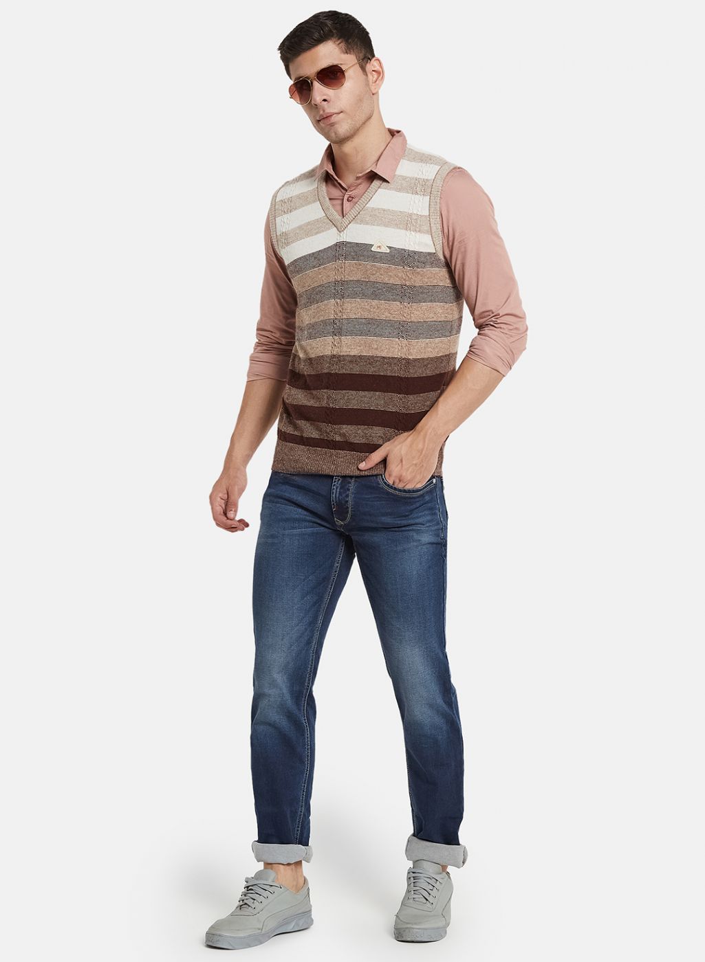 Men Brown Self Design Sweater