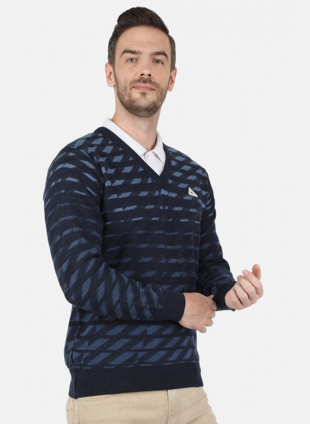 Men NAvy Blue Self Design Pullover