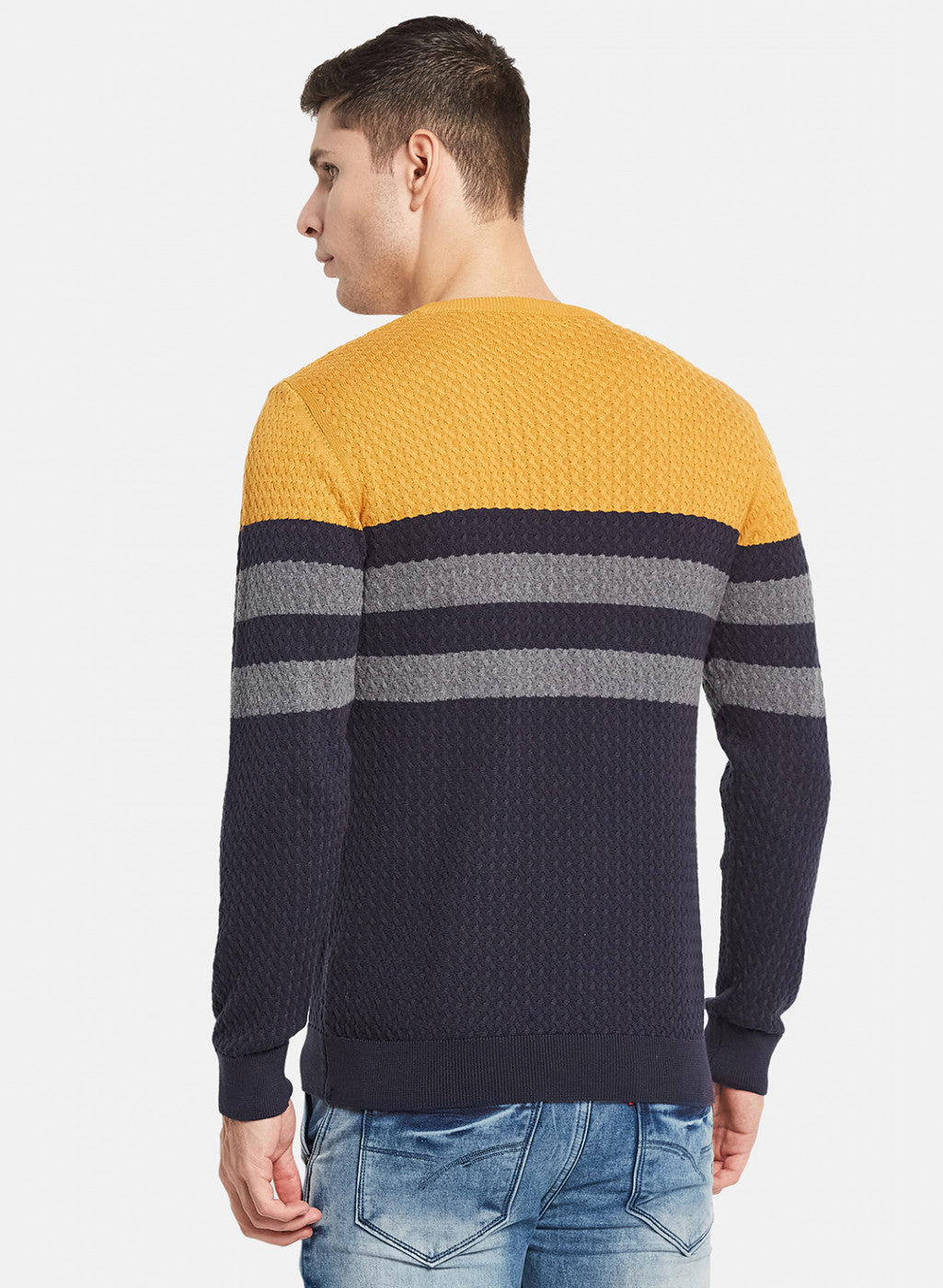 Men NAvy Blue Self Design Pullover