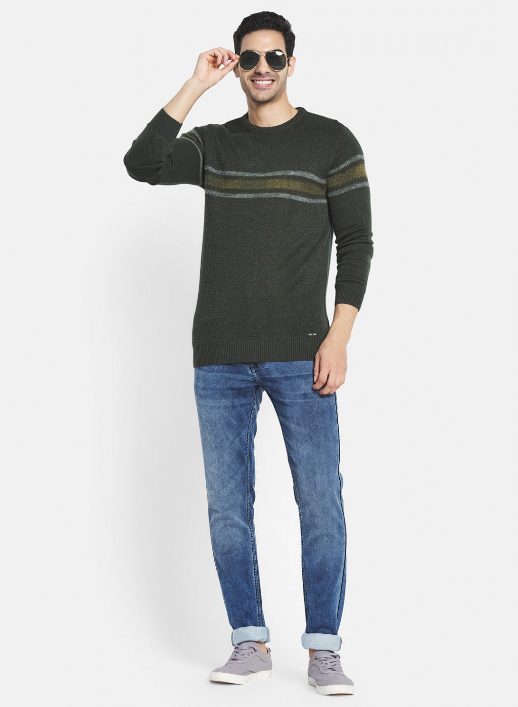 Men Green Self Design Pullover