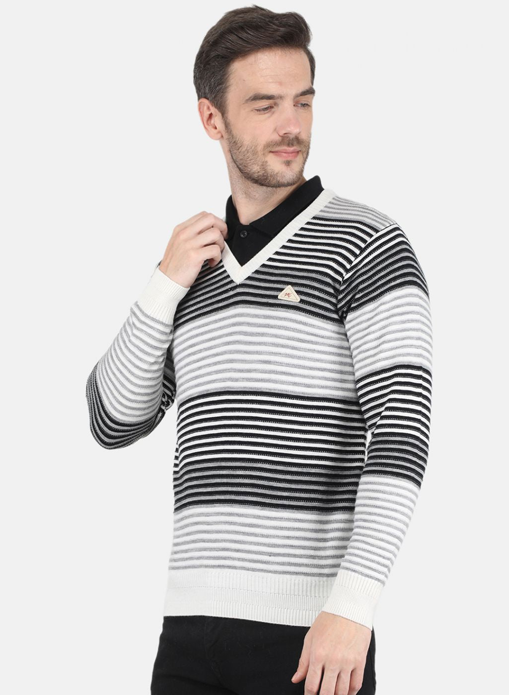 Men Grey & Black Stripe Pullover