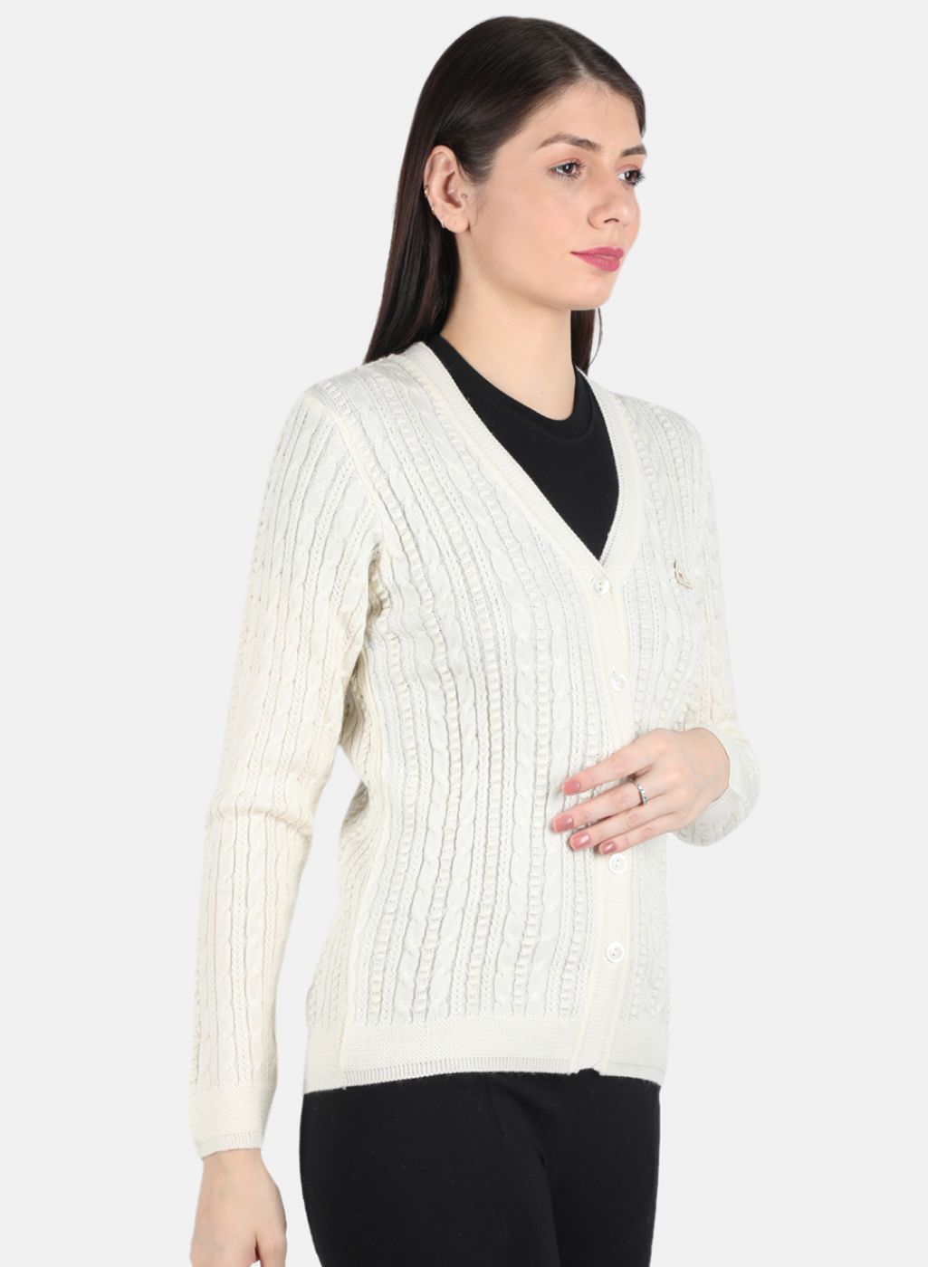 Women Off White Self Design Cardigan