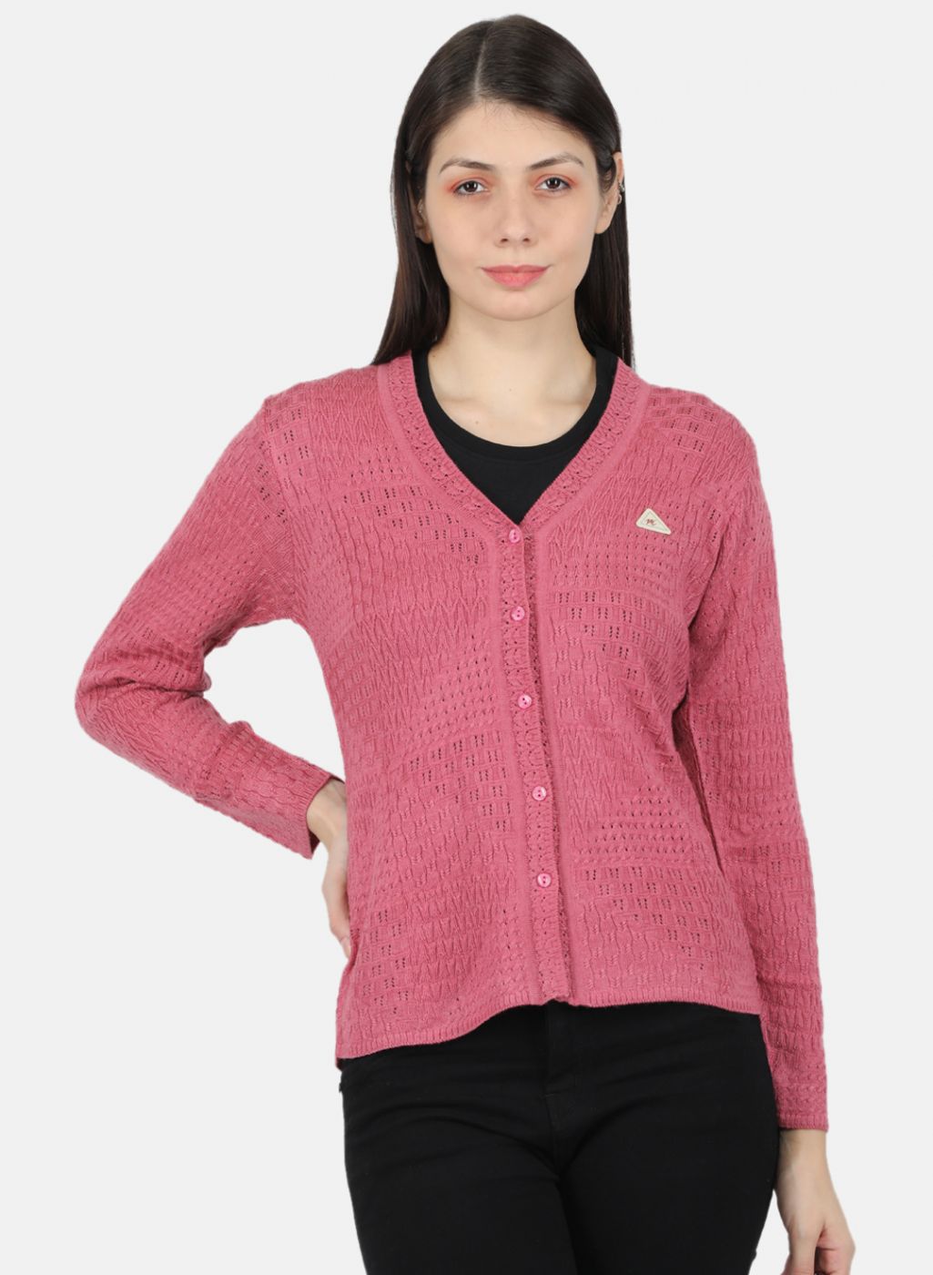 Women Pink Self Design Cardigan